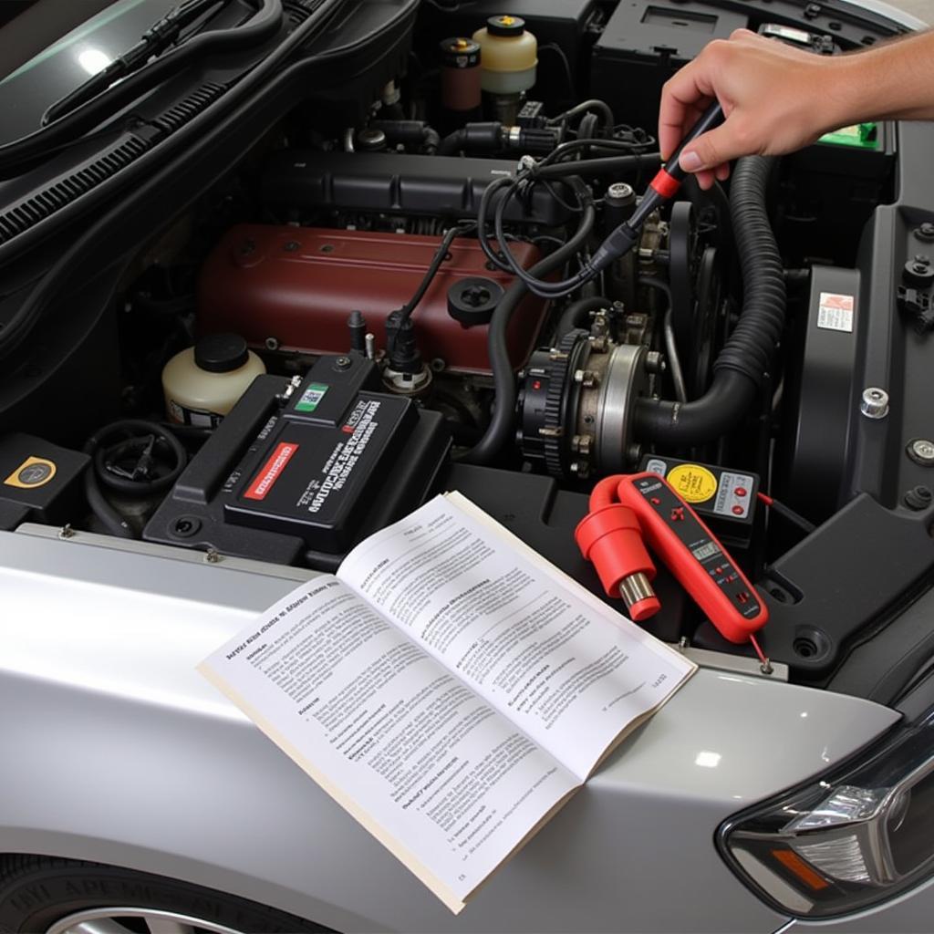 Mechanic using a multimeter to diagnose electrical problems in a Chevy Malibu, guided by a repair manual.