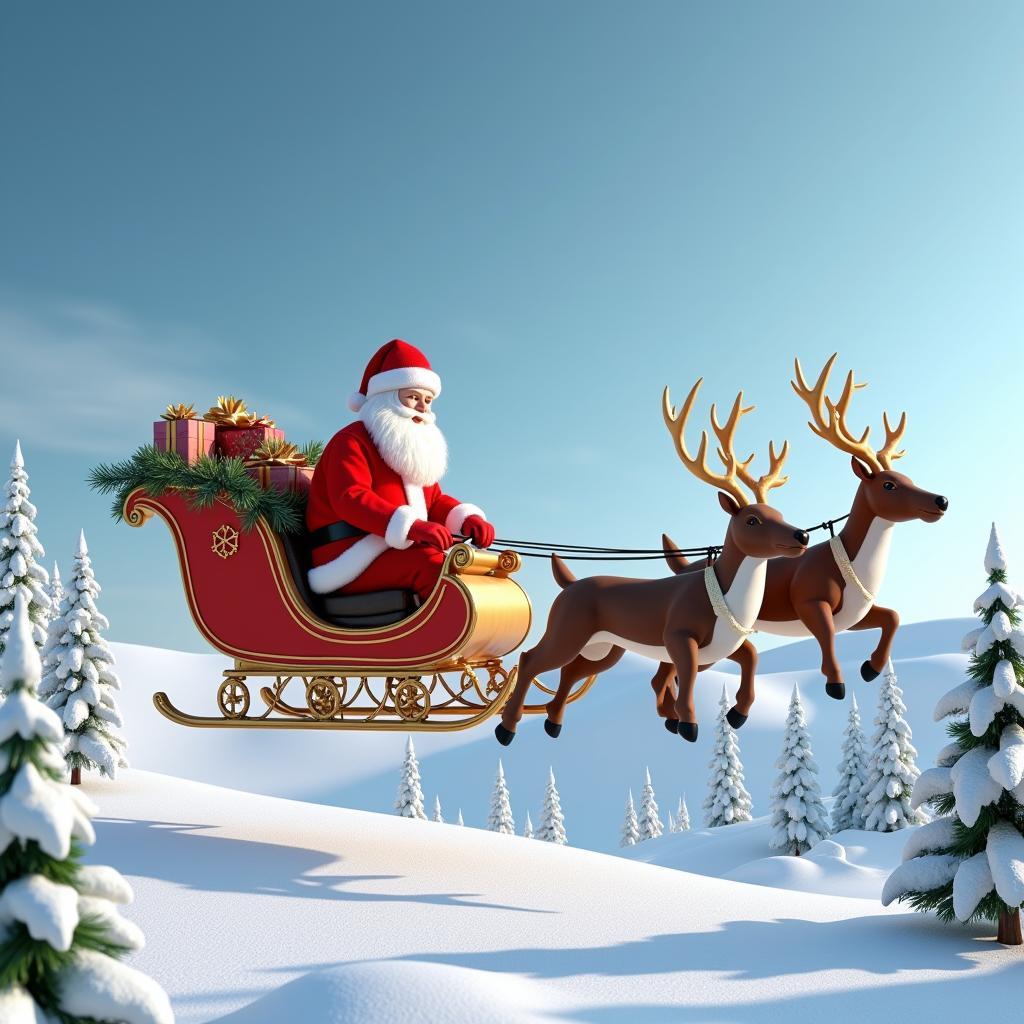 3D Model of Santa Claus and his Sleigh Flying Over a Snowy Landscape