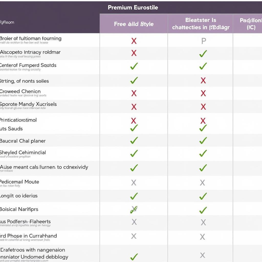 A table comparing the features and benefits of free and premium versions of Eurostile font.