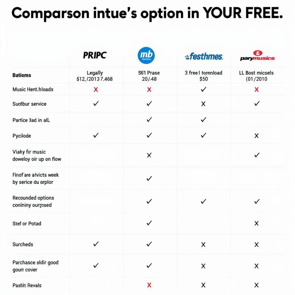 A comparison table of different music options - free downloads, streaming, and purchasing - highlighting cost, safety, and legality.