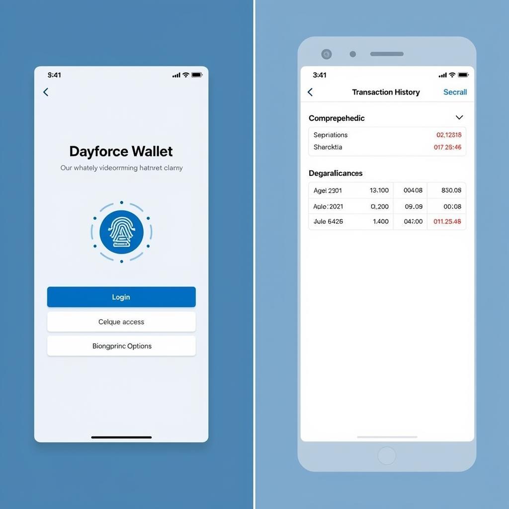 A secure login screen for the Dayforce Wallet app, followed by a detailed transaction history page.