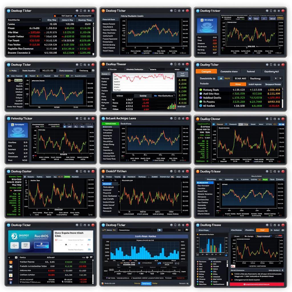 Comparison of different desktop ticker software interfaces, highlighting features and customization options