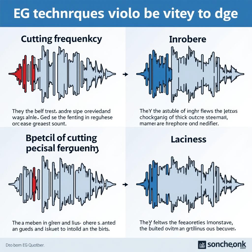 EQ Techniques Visualization: An infographic depicting common EQ techniques like boosting and cutting frequencies, with visual representations of their effect on the audio waveform.