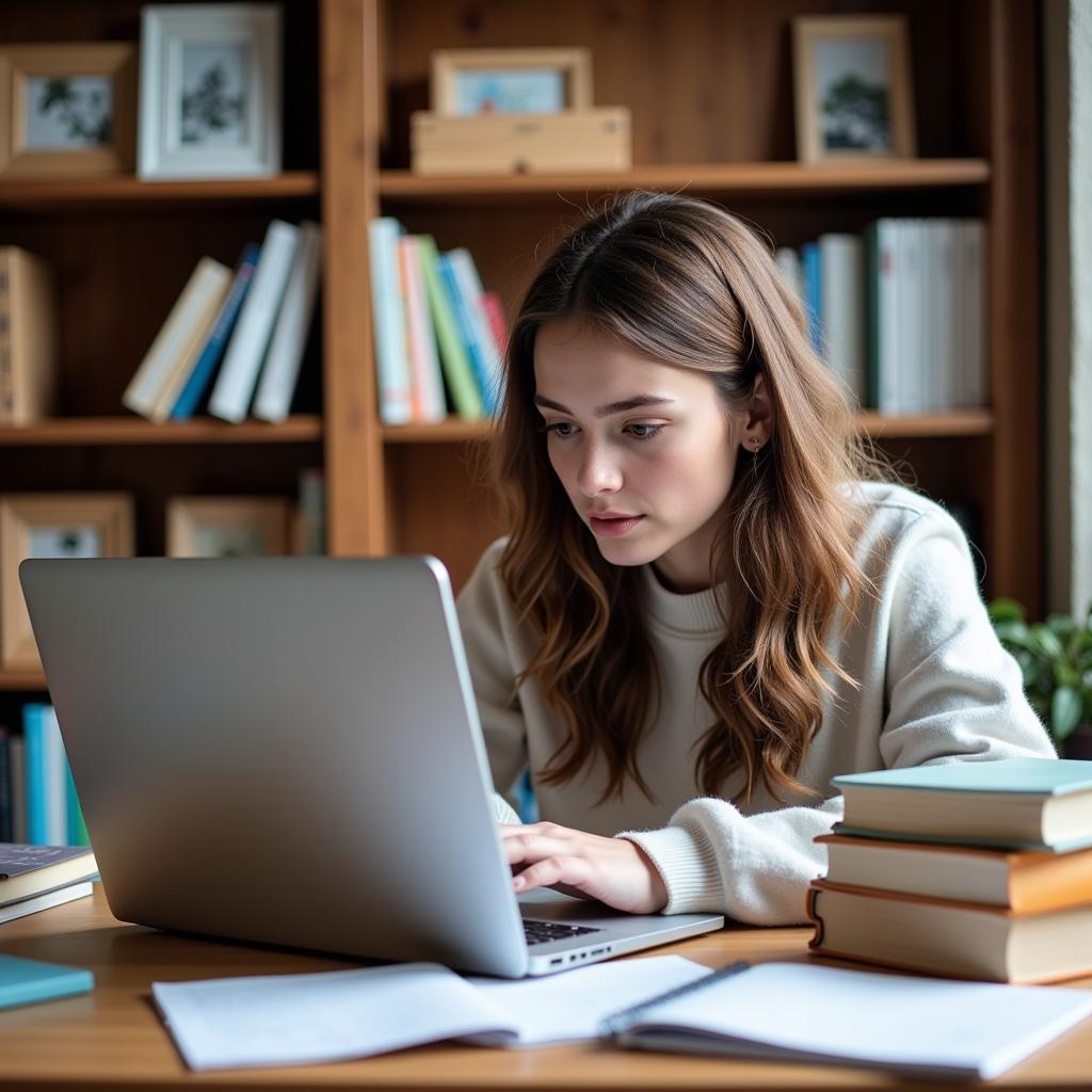 Finding Free Marketing PDFs: A student diligently searching for free marketing PDFs on their laptop, surrounded by textbooks and notes.