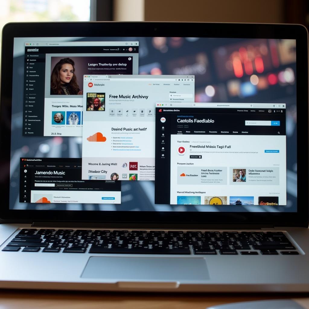 Screenshots of various legal music download platforms on a laptop screen