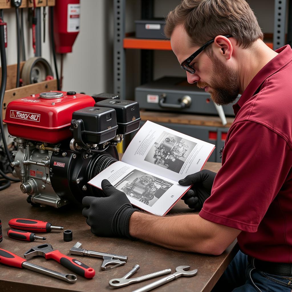 Mechanic Performing Maintenance on a Troy-Bilt Engine