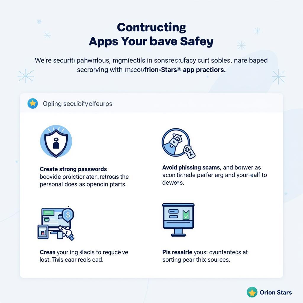 Orion Stars Safety and Security:  A visual representation of security measures and best practices for using the Orion Stars app safely, including tips on protecting personal information and avoiding scams.