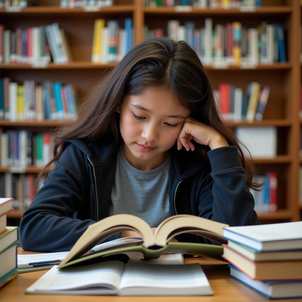 Student Studying Evolutionary Biology in a Library