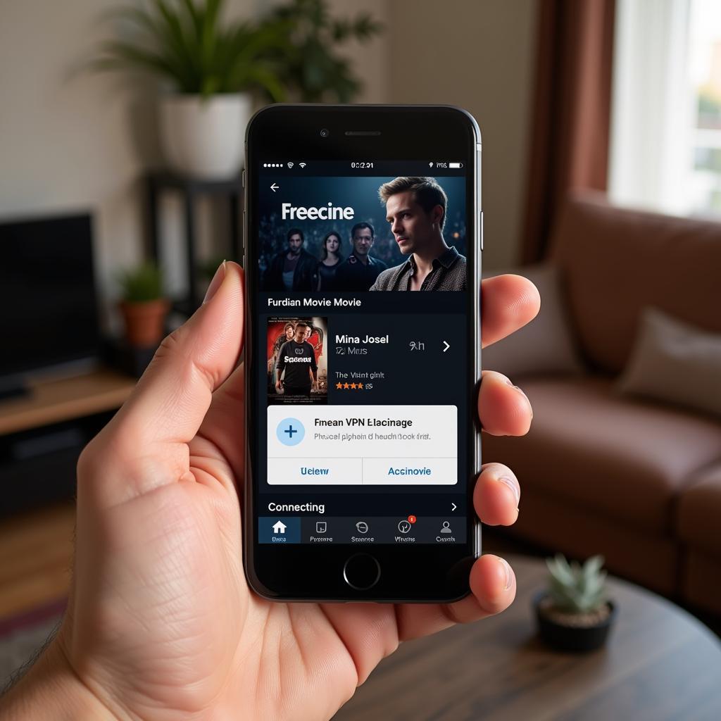 A person using a smartphone with the Freecine app and a VPN active.