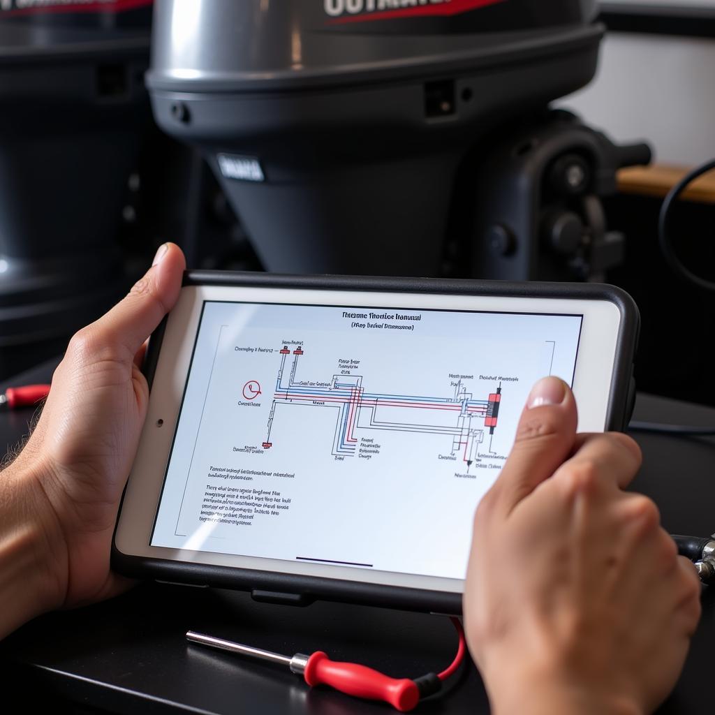 Troubleshooting a Yamaha Outboard with a PDF Manual:  A close-up shot of someone using a tablet displaying a wiring diagram from a Yamaha outboard service manual while troubleshooting an electrical issue.